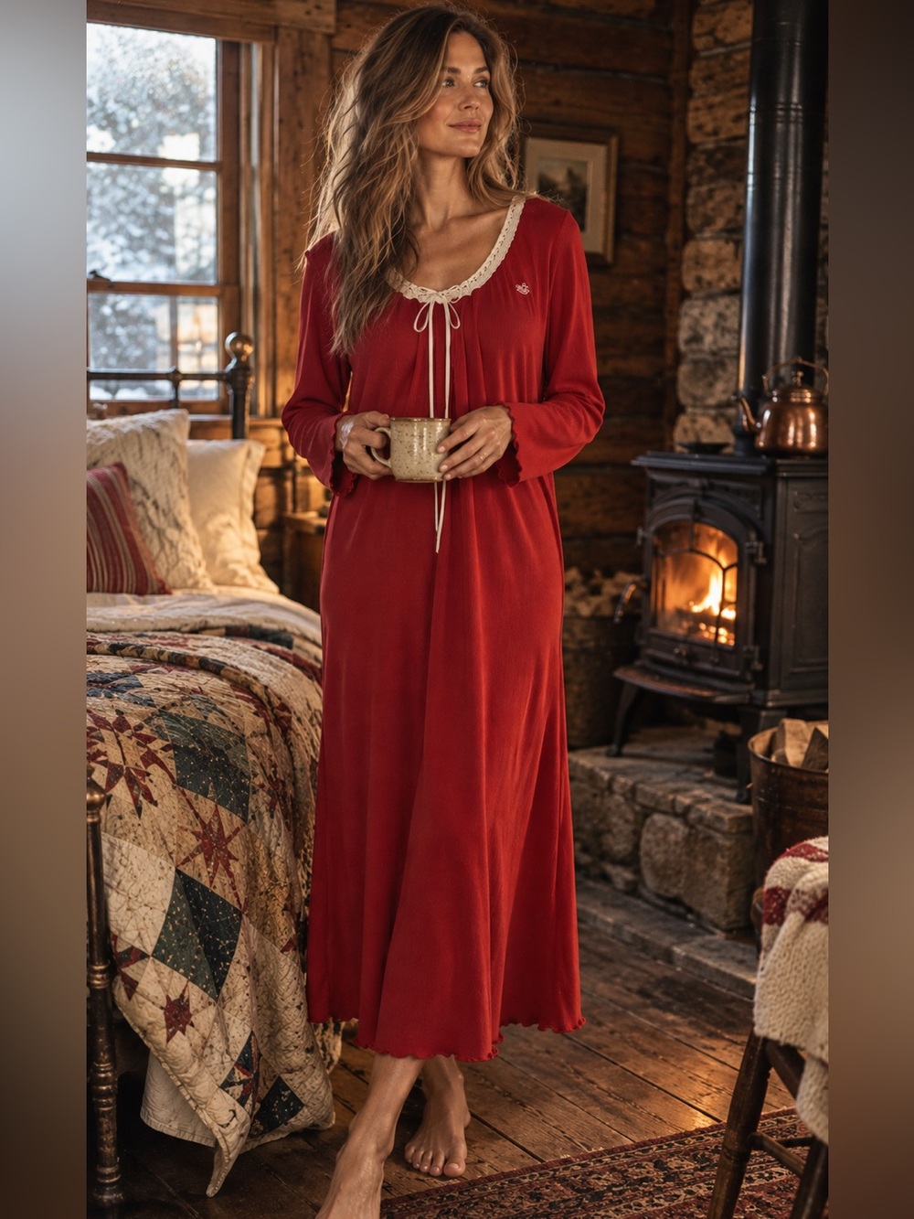 Lauren Ralph Lauren Red Nightgown Size M Cotton Lace Cottage Romantic